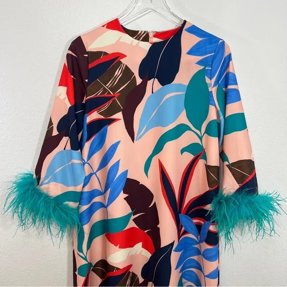 Tuckernuck Vibrant Palm Midi Dress Feather Cuff Sleeves Resort Statement Dress - Picture 4 of 8